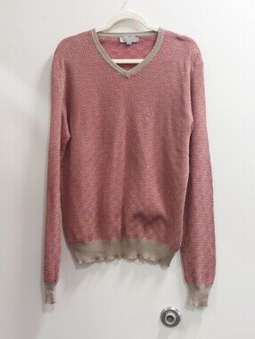 Canali Pink V-Neck Sweater with Beige Trim